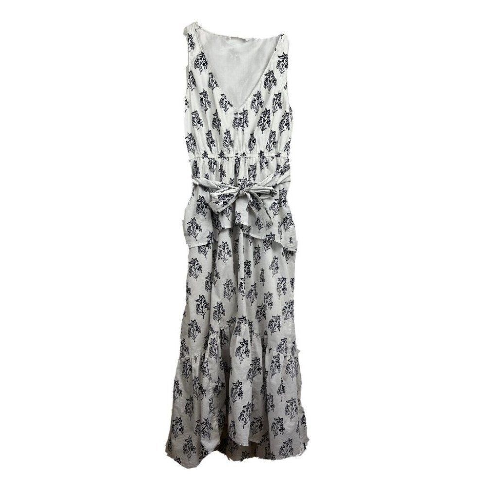 A.L.C. Dress 4 Womens White Black Floral Judd Midi Sleeveless Waist Tie Lined